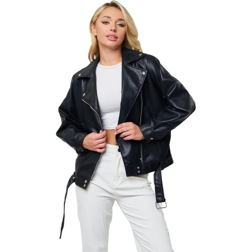 Women's Black 1 Faux Leather Lapel Collar Zip Up Long Sleeve Short Coat Jacket